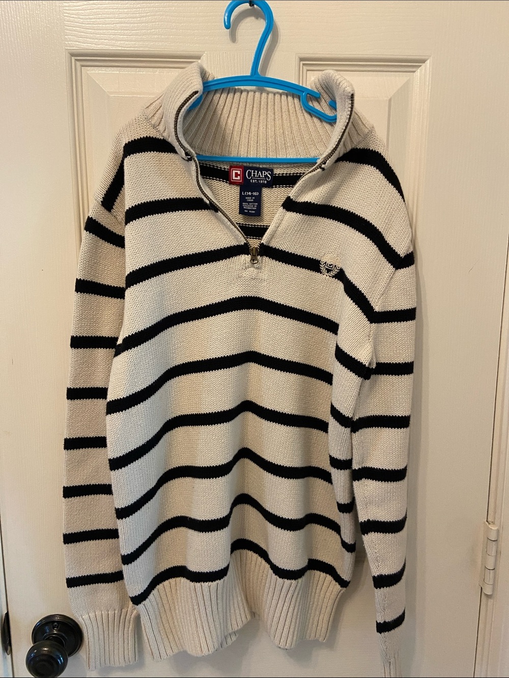 Chaps boys Cream & Black Striped Half-Zip Sweater